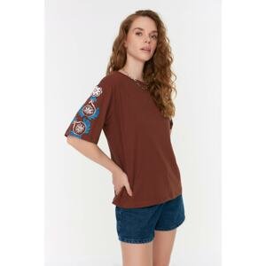 Trendyol Dark Brown Printed Loose Knitted T-Shirt
