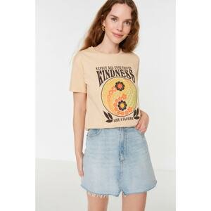 Trendyol Beige Printed Semi-fitted Knitted T-Shirt