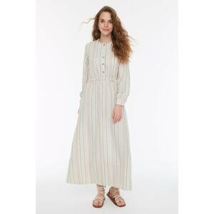 Trendyol Beige Striped Linen Blended Button Detailed Woven Elastic Waist Dress