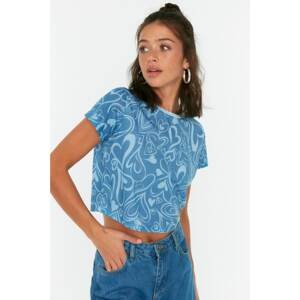 Trendyol Blue Printed Pile Detail Crop Knitted T-Shirt