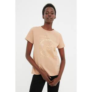 Trendyol Beige Foil Printed Basic Knitted T-Shirt