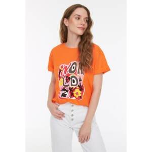 Trendyol Orange Printed Boyfriend Knitted T-Shirt