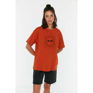 Trendyol Cinnamon Printed Boyfriend Knitted T-Shirt