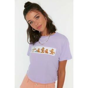 Trendyol Lila Garfield Licensed Printed Crop Knitted T-Shirt