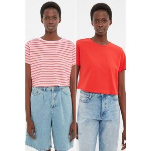 Trendyol Red-Multi-Color 100% Cotton Crew Neck Striped-Plain 2-Pack Crop Knitted T-Shirt