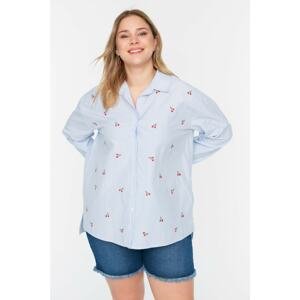 Trendyol Curve Blue Long Sleeve Embroidered Poplin Woven Shirt