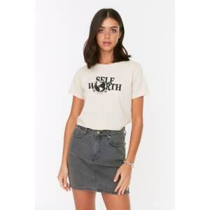 Trendyol Beige Recycle Printed Basic Knitted T-Shirt