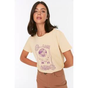 Trendyol Beige 100% Organic Cotton Printed Semi Fitted Knitted T-Shirt