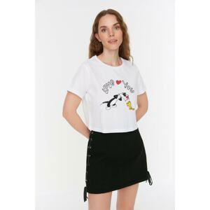 Trendyol White Slyvester and Tweety Licensed Printed Crop T-Shirt