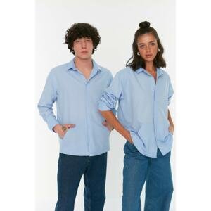Trendyol Blue Unisex Oversize Shirt Collar Kangaroo Pocket Shirt