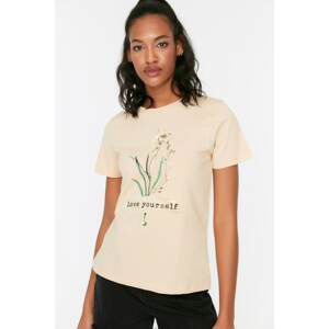 Trendyol Beige Printed Basic Knitted T-Shirt