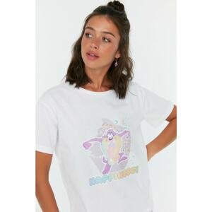 Trendyol White Tasmanian Devil Licensed Printed Semifitted Knitted T-Shirt