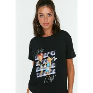 Trendyol Black Flintstones Licensed Printed Semifitted Knitted T-Shirt