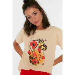 Trendyol Beige Printed Semifitted Front And Back Printed Knitted T-Shirt