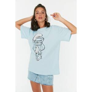 Trendyol Light Blue Smurfs Licensed Printed Boyfriend Knitted T-Shirt
