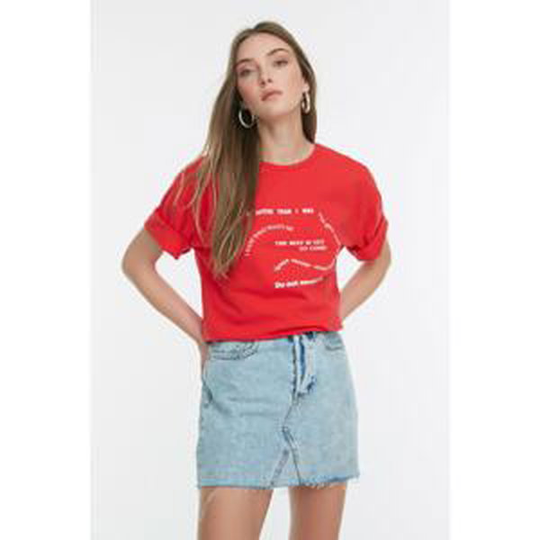 Trendyol Red Printed Loose Knitted T-Shirt