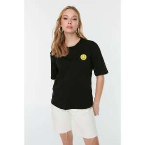 Trendyol Black Embroidered Loose Knitted T-Shirt