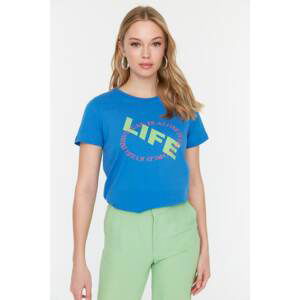 Trendyol Blue Printed Basic Knitted T-Shirt