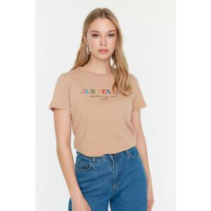 Trendyol Beige Printed Basic Knitted T-Shirt