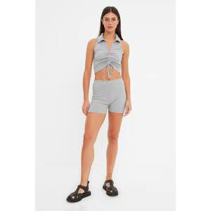 Trendyol Gray Ruffle Detailed Camisole Crop Knitted Bottom-Top Set