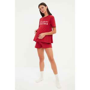 Trendyol Claret Red Slogan Printed Knitted Maternity Bottom-Top Set