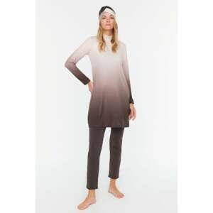 Trendyol Brown Gradient Long Sleeve Knitted 4-Piece Hijab Swimsuit Set
