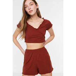 Trendyol Brown Frill Detailed Crop Knitted Bottom-Top Set