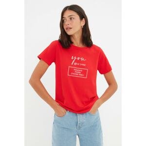 Trendyol Red Slogan Printed Basic Knitted T-Shirt