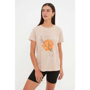 Trendyol Beige Printed Basic Knitted T-Shirt