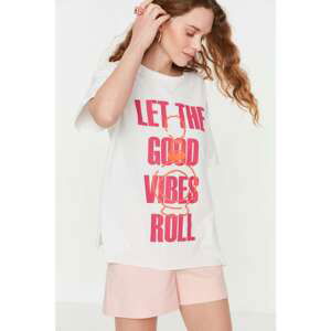 Trendyol White Printed Asymmetrical Boyfriend Knitted T-Shirt