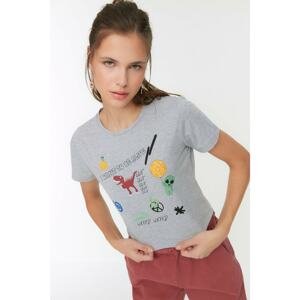 Trendyol Gray Printed Crop Knitted T-Shirt