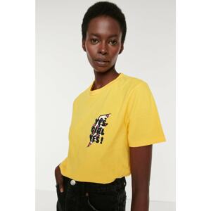 Trendyol Yellow Printed Basic Knitted T-Shirt