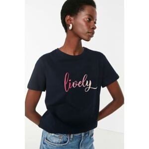 Trendyol Navy Blue Embroidered Basic Knitted T-Shirt