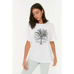 Trendyol White Recycle Printed Boyfriend Knitted T-Shirt