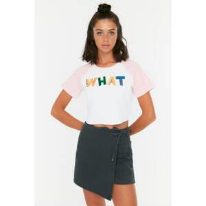 Trendyol White Embroidered Color Block Crop Knitted Blouse