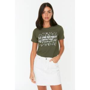 Trendyol Khaki Recycle Printed Basic Knitted T-Shirt