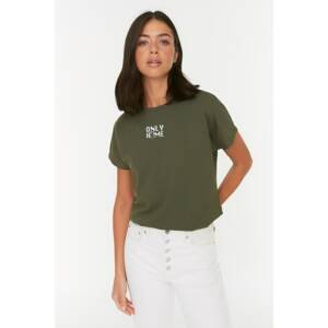 Trendyol Khaki Recycle Off Shoulder Printed Basic Knitted T-Shirt