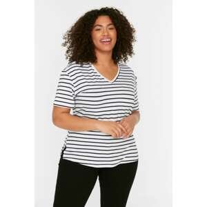 Trendyol Curve White V-Neck Striped Knitted T-Shirt
