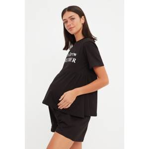 Trendyol Black Slogan Printed Knitted Maternity Bottom-Top Set