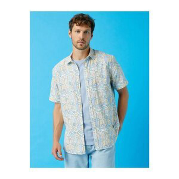 Koton Men's Navy Blue Patterned Short Sleeve Shirt Printed Cotton