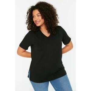Trendyol Curve Black V-Neck Slit Knitted T-Shirt