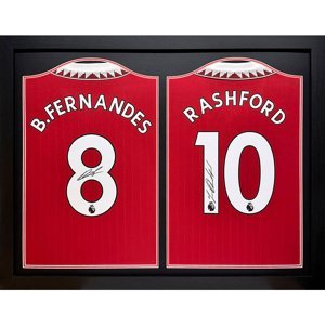 Legendy zarámované dresy Manchester United FC 2022-2023 Bruno Fernandes & Rashford Signed Shirts (Dual Framed) - Novinka