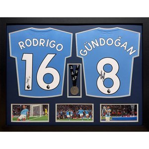 Legendy zarámované dresy Manchester City FC 2021-2022 Rodri & Gundogan Signed Shirts & Medal (Dual Framed) - Novinka