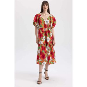 DEFACTO V-Neck Floral Poplin Raglan Sleeve Midi Short Sleeve Dress