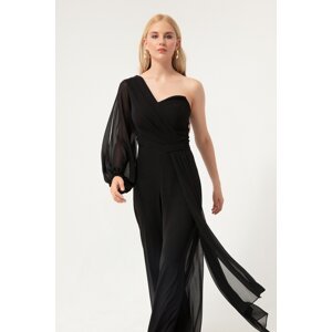Lafaba Women's Black One Sleeve Belted Evening Jumpsuit