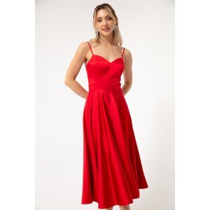 Lafaba Women's Red Thin Strap Midi Satin Evening Dress