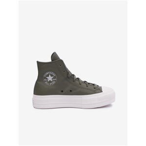 Kaki dámske kožené členkové tenisky na platforme Converse Chuck Taylor All Star Lift