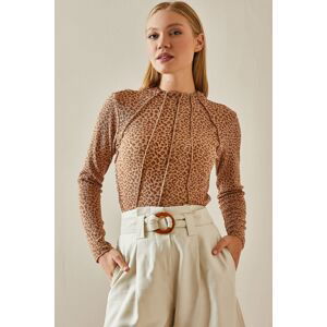 XHAN Tan Stitching Detail Half Turtleneck Blouse