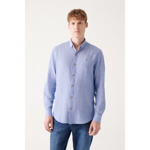 Avva Men's Dark Blue Button Collar Cotton Linen Standard Fit Regular Cut Shirt