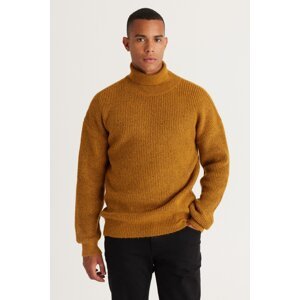 AC&Co / Altınyıldız Classics Men's Mustard Oversize Loose Fit Full Turtleneck Patterned Rayon Soft Textured Knitwear Sweater